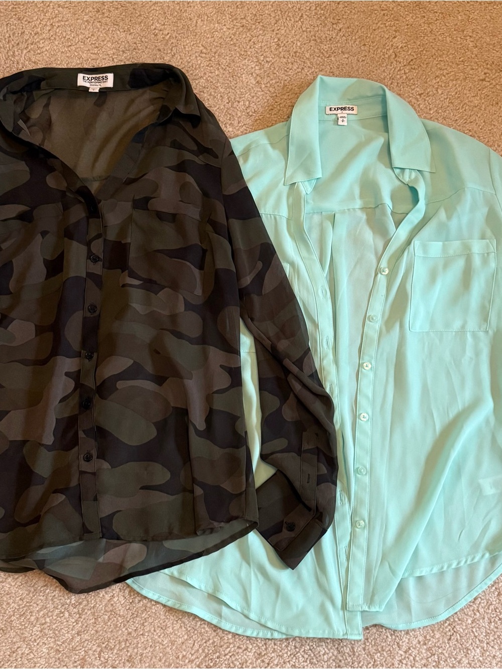 Express Women’s Mint Green Button-Down & Black Camo Casual Shirts